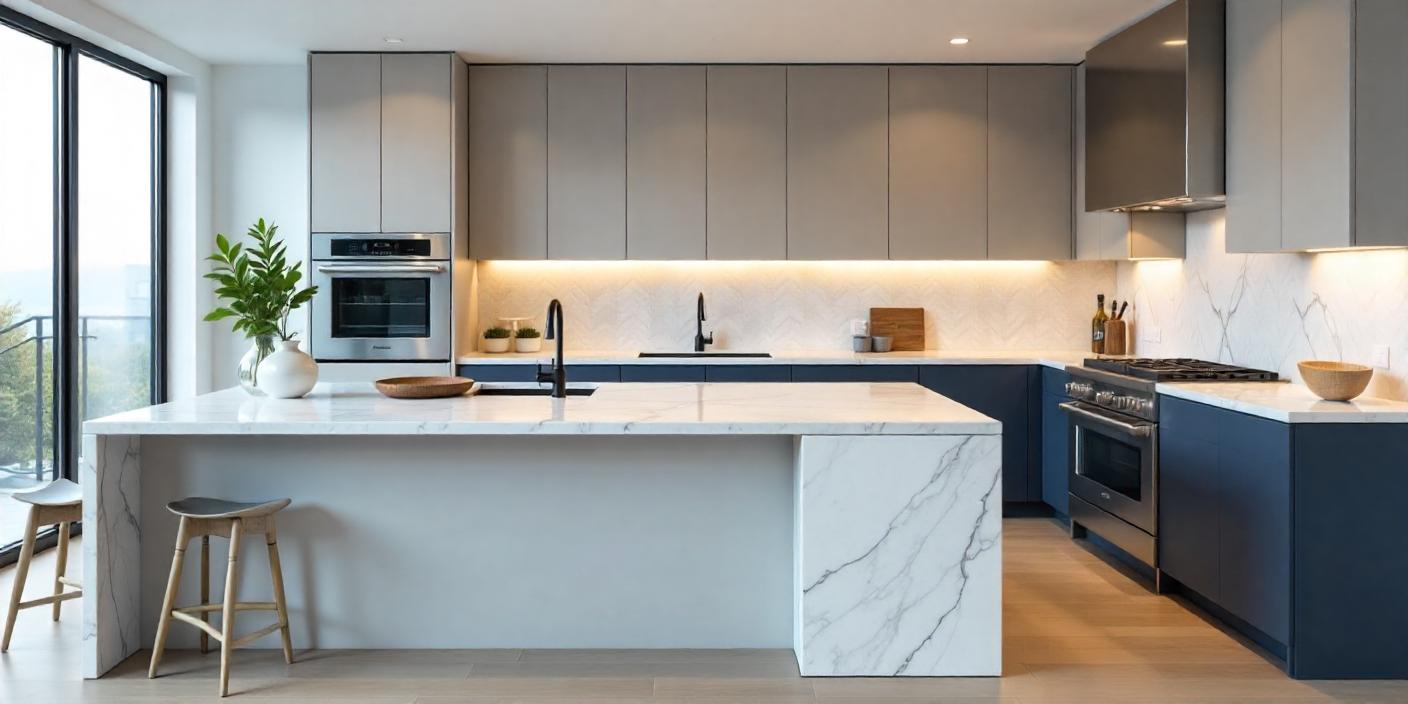 Contemporary kitchen renovation with sleek matte cabinets, a marble waterfall island, integrated appliances, and under-cabinet lighting in a modern open space.