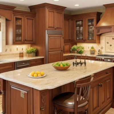 Traditional kitchen renovation with rich wood cabinetry, granite countertops, built-in appliances, and a central island with seating.