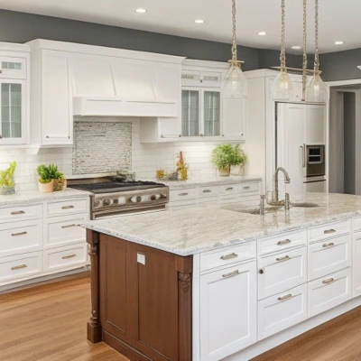 Modern white kitchen with granite countertops