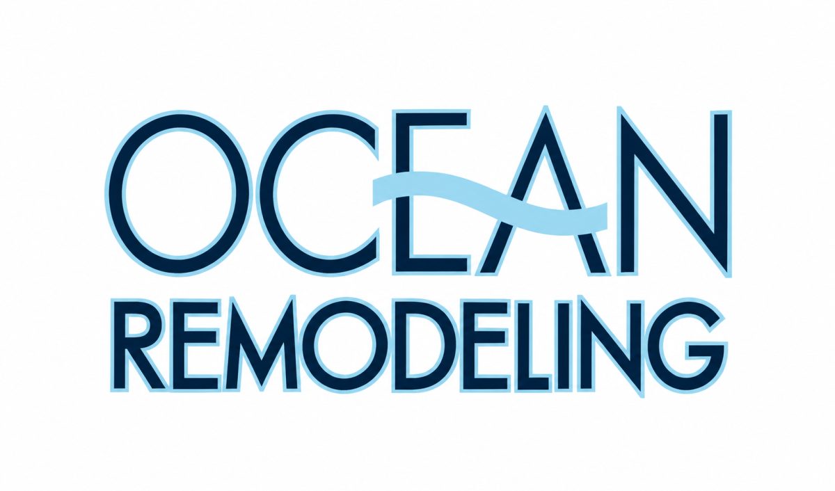 A blue typographic logo displays the words OCEAN REMODELING with a stylized wave integrated into the lettering.